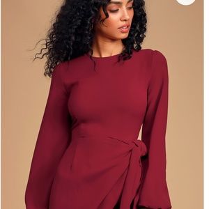 Lulu's Wine Red Long Sleeve Tie-Front Skater Dress